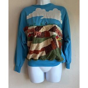 Vintage MGM Landscape Patchwork Quilted Sweatshirt M Novelty Cottagecore Retro
